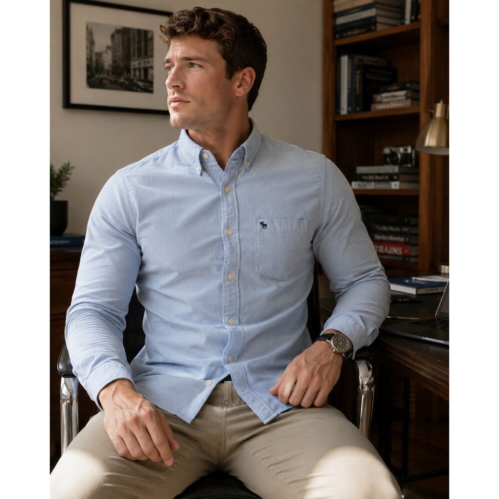 Abercrombie & Fitch Shirt Mens 2XL Blue Long Sleeve Oxford Button Shirt Heavy